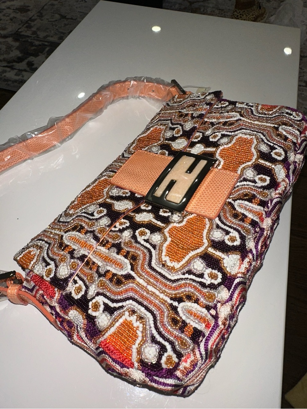 Fendi Multicolor Patterned Shoulder Bag with Orange Strap - Picture 3 of 9